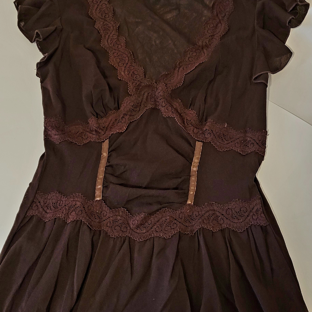 Brown Lace Trim Blouse with Ruffled Cap Sleeves